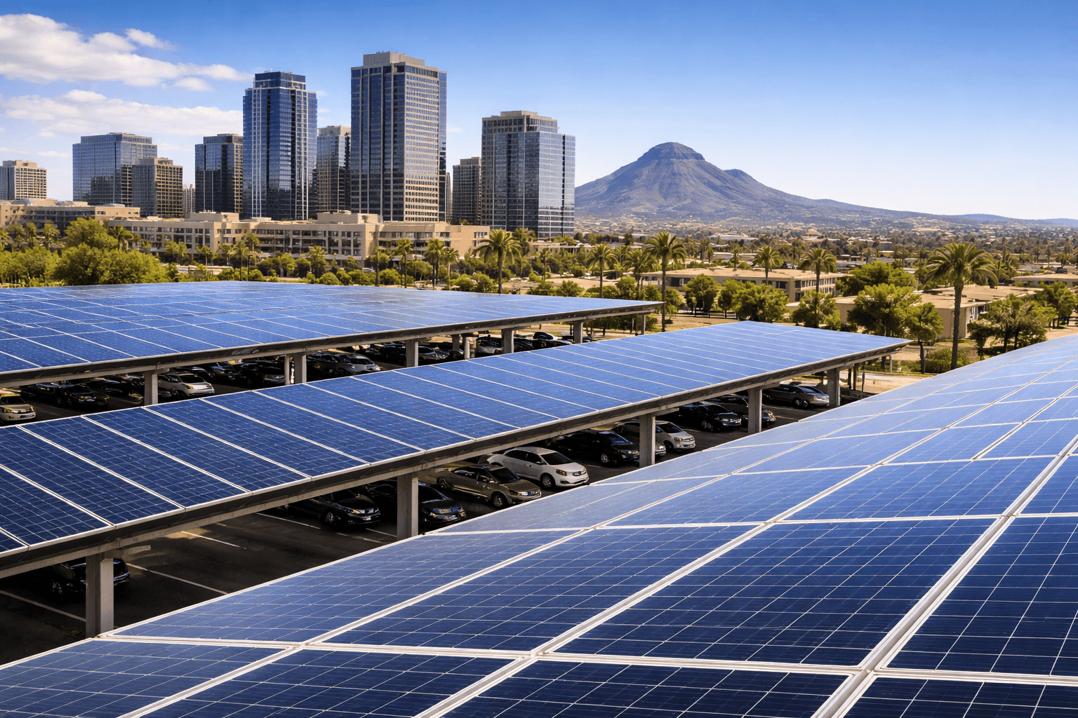Commercial solar panels on parking structure with Phoenix skyline and Camelback Mountain